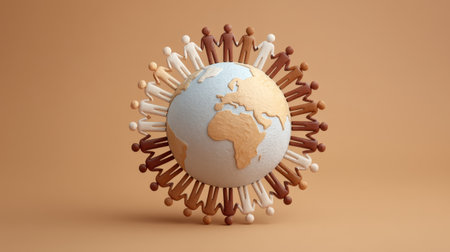 This illustration captures a diverse community surrounding a globe, symbolizing unity and harmony through different cultures, representing global togetherness and collaboration.の素材