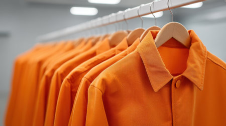 A collection of bright orange garments neatly arranged on hangers showcases modern fashion trends in a clean and minimalist retail environment for stylish apparel.の素材