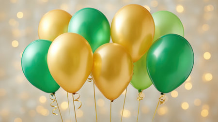 A stunning arrangement of golden and green balloons set against a soft, blurred background filled with warm, festive lights, perfect for any joyful occasion.の素材