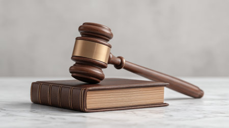 Elegant gavel resting atop a law book symbolizes justice and the legal system, perfect for representing themes of authority and courtroom settings.の素材