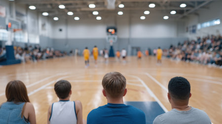 Engaged fans experience the thrill of a basketball game in a bustling gymnasium, showcasing the excitement and energy of youth sports and community involvement.の素材