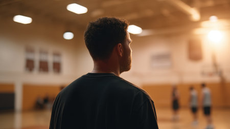 A young male athlete stands in a gym, observing a basketball practice session. His reflective demeanor highlights themes of teamwork, personal growth, and dedication.の素材