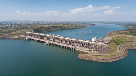 Stunning aerial view of a large hydroelectric dam, showcasing its grand architecture against a backdrop of blue water, rolling green hills, and a bright sky.の素材