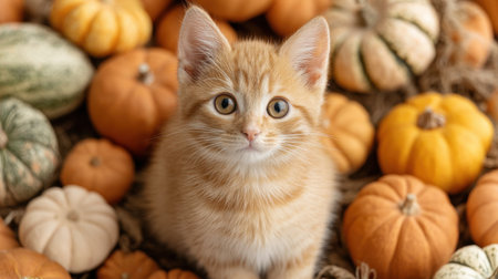 This charming image features a cute orange kitten sitting amid a collection of pumpkins, evoking a warm autumn vibe ideal for seasonal themes or pet-related content.の素材