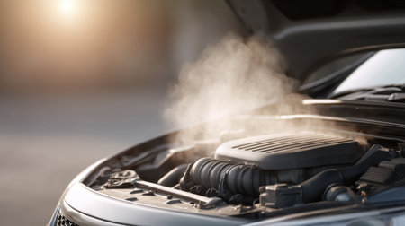 A close-up view of a car engine hood releasing steam due to overheating, set against a soft sunset glow in an urban environment. Ideal for automotive themes.の素材