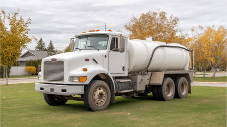 A white bulk truck parked on green grass, surrounded by autumn trees, with a cloudy sky overhead. This modern utility vehicle is ideal for various transport tasks.の素材