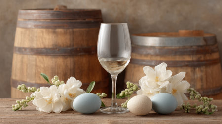 This delightful still life features a wine glass alongside elegant flowers and decorative eggs, embodying the spirit of spring and celebration in a rustic setting.の素材