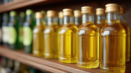 This image showcases several glass bottles filled with golden oil, arranged neatly on a wooden shelf. The warm lighting enhances the inviting feel of the culinary setting.の素材