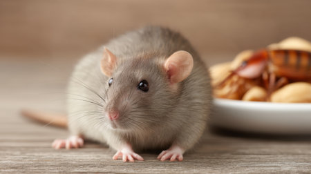 A charming grey rat stands curiously on a wooden surface, its keen eyes capturing attention as it poses near a plate of assorted nuts and food.の素材