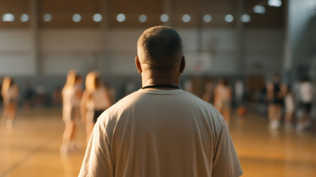 A basketball coach stands in a modern gym, observing a youth training session. The environment showcases teamwork and dedication, with warm lighting enhancing the atmosphere.の素材