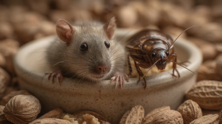 A captivating scene featuring a curious mouse and a cockroach sharing a bowl amidst scattered nuts. This photo highlights the unique interactions and coexistence in nature.の素材