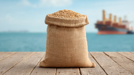 A rustic burlap sack filled with grains sits on a wooden dock beside the water, with a cargo ship in the background, creating a serene nautical atmosphere.の素材