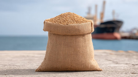 Rustic grain sack sits on dockside with a cargo ship in the background, capturing the essence of transport and agriculture by the serene waterscape.の素材