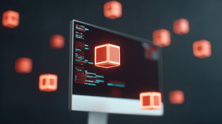 This image showcases an abstract representation of code displayed on a monitor, with floating 3D cubes, highlighting innovation in the tech environment.の素材