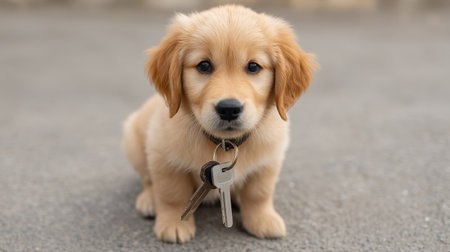 An adorable golden retriever puppy sits on the pavement holding metal keys. Its curious expression captures the essence of playful innocence, making it ideal for animal-themed imagery.の素材