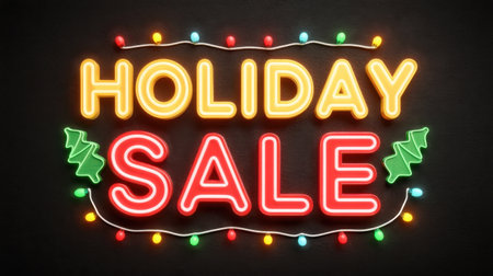 Capture attention this festive season with a bright neon holiday sale announcement featuring colorful Christmas lights, perfect for promotions and marketing materials.の素材