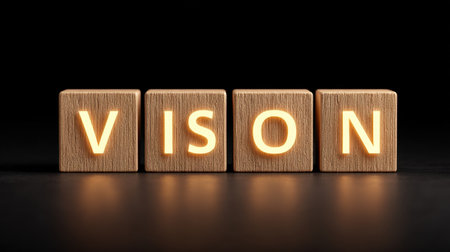 This image features glowing wooden blocks arranged to spell "VISION" in a dark setting, evoking inspiration and creativity. Ideal for motivational themes.の素材