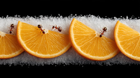 A captivating image featuring ants on fresh orange slices placed on white sea salt. The detailed close-up highlights vibrant colors and intriguing textures.の素材