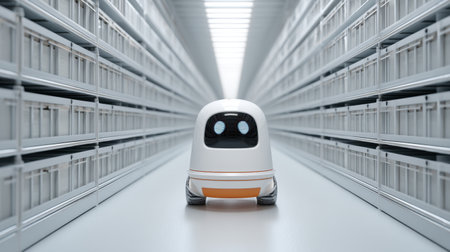 A cutting-edge robot navigates through a spacious storage aisle, showcasing modern automation in a factory setting for enhanced operational efficiency and inventory management.の素材