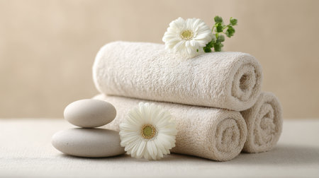 A tranquil spa scene featuring soft rolled towels, smooth stones, and delicate flowers, creating a serene atmosphere ideal for relaxation and wellness.の素材