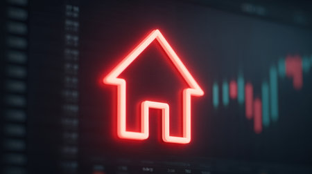 A striking neon house icon overlays a financial data screen, highlighting real estate market trends. This composition symbolizes modern investment and digital analytics.の素材