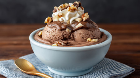 A tempting bowl of chocolate ice cream featuring a creamy texture, topped with crunchy nuts and fluffy whipped cream, perfect for dessert lovers.の素材