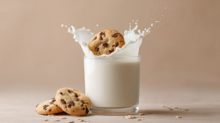 A stunning visual of homemade chocolate chip cookies dipping into a clear glass of milk, capturing the joyful splash that enhances the delicious dessert experience.の素材