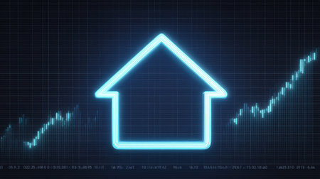 This image showcases a neon home icon overlaying a financial data screen with a rising graph. It symbolizes real estate trends and digital market analysis.の素材