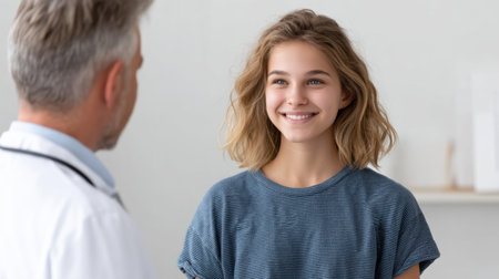 A young woman engages in a joyful conversation with a medical professional about lifestyle improvement in a modern healthcare environment, emphasizing care and support.の素材