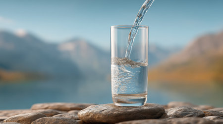 Clear water is being poured into a glass resting on smooth stones, with breathtaking mountain reflections in the background, creating a tranquil natural scene.の素材