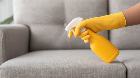 A person wearing yellow gloves is spraying a fabric cleaner on a sofa in a living room, promoting cleanliness and freshness in a home environment.の素材