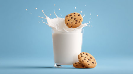 A delightful scene featuring a splash of milk as a cookie dives into a glass, creating a fun and inviting dessert moment perfect for any baking enthusiast.の素材
