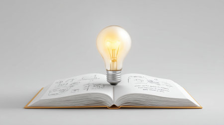 A glowing light bulb situated above an open book filled with handwritten sketches and notes, embodying the essence of creativity and innovative thinking in education and inspiration.の素材