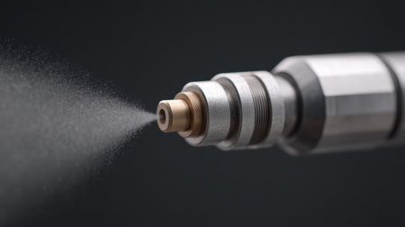 Close-up of a diesel fuel injector nozzle spraying a fine mist under high pressure, highlighting precision technology used in automotive and industrial fuel delivery systems.の素材