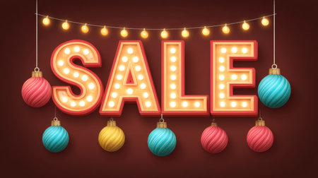 Festive sale sign adorned with Christmas ornaments and twinkling lights creates a cheerful atmosphere for holiday promotions and seasonal marketing efforts.の素材