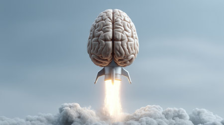 This imaginative image illustrates a brain launching like a rocket through the sky, symbolizing the fusion of intellect and ambition in a visually striking concept.の素材