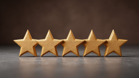 A collection of five wooden stars aligned on a dark background, symbolizing excellence and success, perfect for ratings, reviews, and design projects.の素材