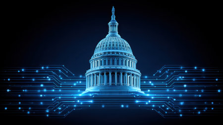 A futuristic digital illustration featuring the silhouette of a Capitol building set against a blue backdrop with intricate lines, symbolizing finance and technology integration.の素材