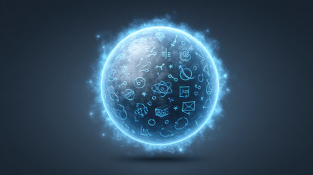 A mesmerizing glowing planet adorned with various educational symbols, illuminated in vibrant blue hues, offering a versatile visual for creative projects and learning materials.の素材