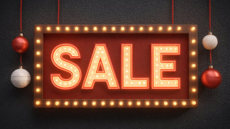 Festive sale sign illuminated with bright lights, surrounded by decorative Christmas ornaments, perfect for holiday promotions, and creating a joyful shopping atmosphere.の素材