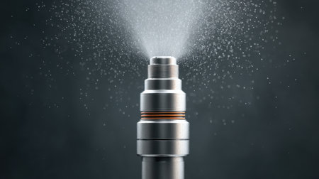 This image features a high-precision injector producing a precise spray pattern of fine droplets, highlighting its functionality and technology in industrial applications.の素材