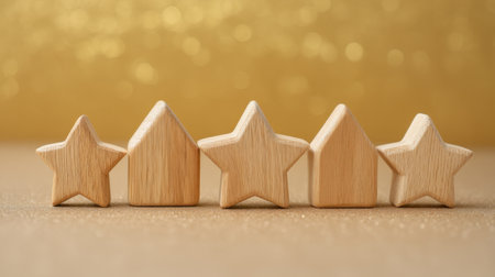 A charming arrangement of wooden shapes including stars and homes set against a shimmering gold background, perfect for festive decorations and creative projects.の素材