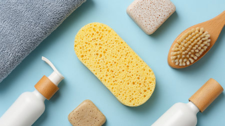 A collection of exfoliating tools and skincare products arranged on a light blue background, perfect for a clean and refreshing beauty routine. Ideal for deep cleansing!の素材