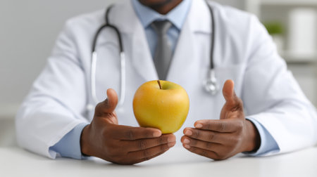 A health professional in a white coat holds an apple in their hands, symbolizing wellness and offering guidance on balanced living and healthy choices for patients.の素材