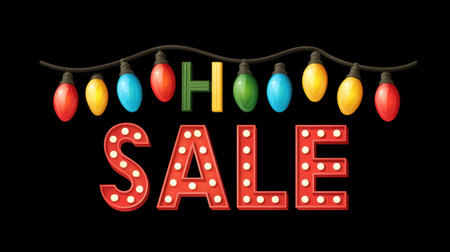 This vibrant image showcases a holiday sale sign illuminated by colorful Christmas lights, perfect for capturing attention during the festive shopping season.の素材
