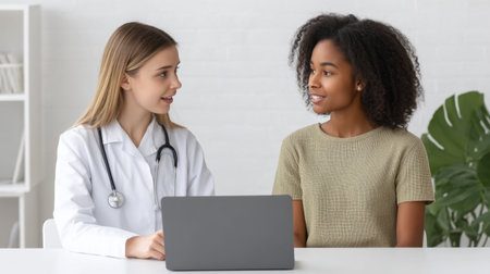 A healthcare professional engages in a meaningful conversation with a patient about healthy lifestyle changes, emphasizing nutrition and personal progress in a bright, modern office.の素材