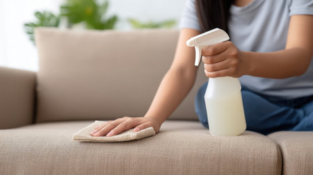 A woman is focused on cleaning a beige fabric sofa with a spray bottle and cloth in a bright living room, showcasing attention to detail and home maintenance.の素材
