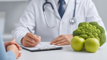 A healthcare professional discusses healthy choices with a patient, emphasizing balanced living and nutrition. Fresh produce symbolizes wellness and lifestyle enhancement.の素材
