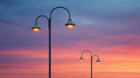Experience the enchanting beauty of glowing street lights against a colorful sunset sky, creating a serene urban atmosphere perfect for evening strolls.の素材