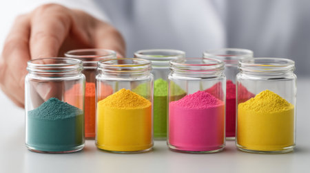 A vivid display of colorful powders in glass containers highlights their potential in various industrial and creative applications, perfect for laboratory settings.の素材